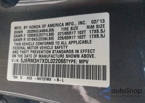 2013 Honda Cr-V Ex-L из США, поврежденный, VIN 5J6RM3H7XDL022066